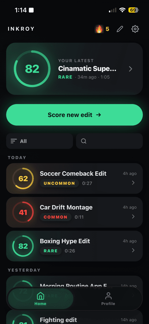 Inkroy home screen with your scored edits